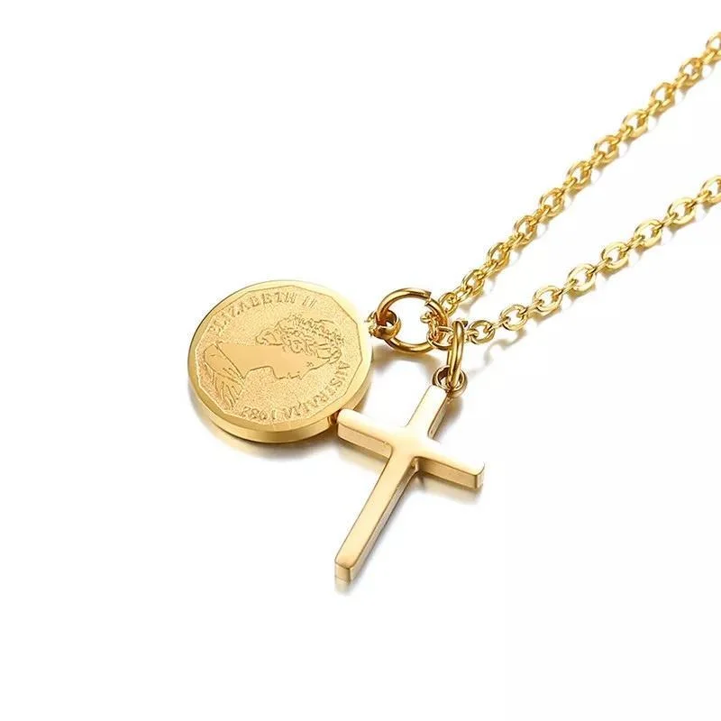 designer necklaces for women-Stainless Steel Coin/Cross Pendant Necklace Gold Plated