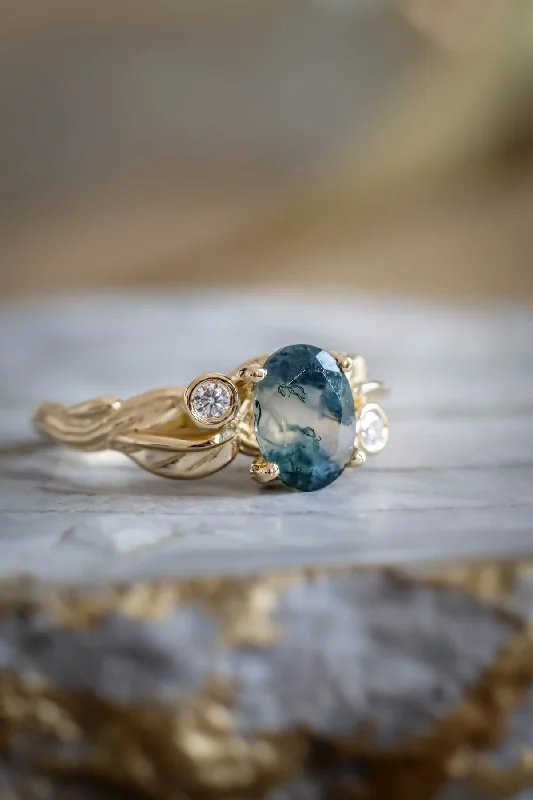 large solitaire engagement rings for women-Moss agate diamond ring, branch engagement ring / Arius