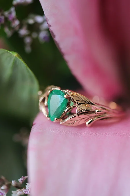 designer engagement rings for women-Pear cut emerald ring, leaves engagement ring / Wisteria