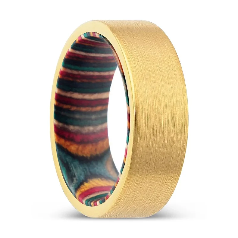 engagement rings for women-TRYXON | Multi Color Wood, Gold Tungsten Ring, Brushed, Flat