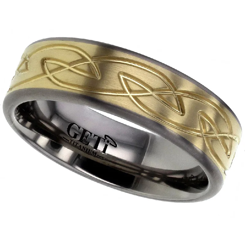 glamorous rings for women-Titanium And Yellow Gold Celtic Ring - T121-18Y