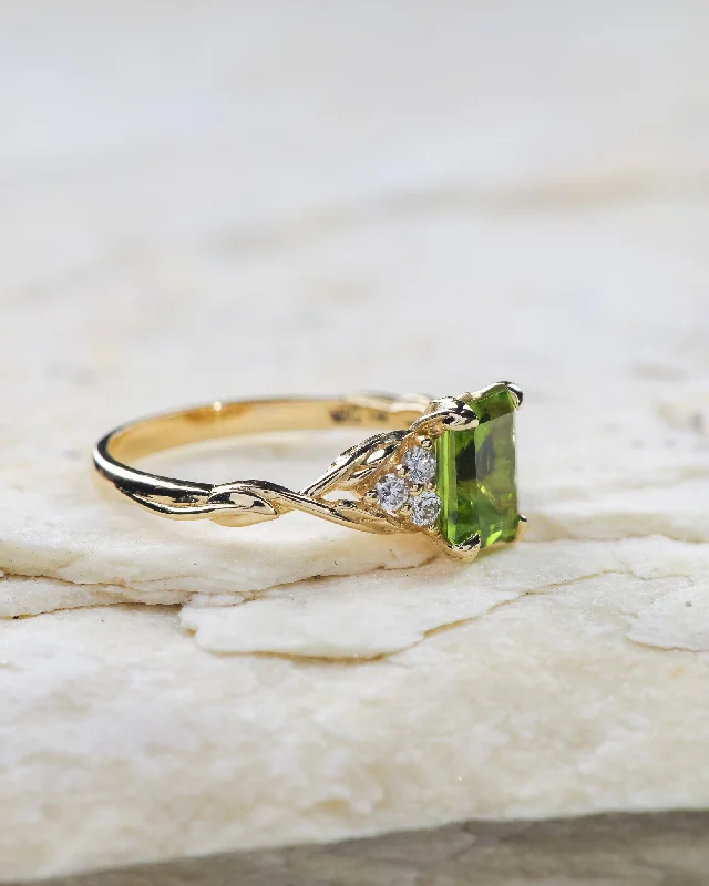 oval engagement rings for women-Peridot engagement ring, emerald cut gemstone proposal ring with accent diamonds / Gloria