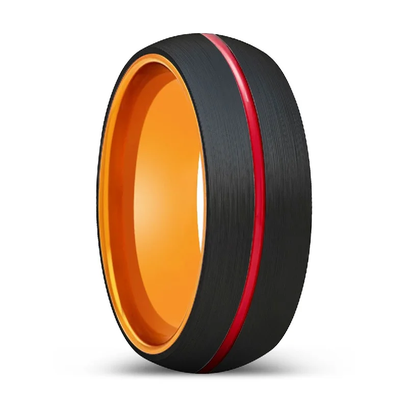 fashionable rings for women-BALTAZAR | Orange Ring, Black Tungsten Ring, Red Groove, Domed