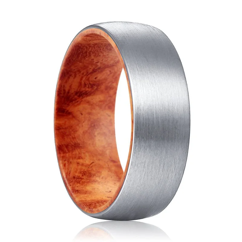 wedding ring sets for women-PYRO | Red Burl Wood, Silver Tungsten Ring, Brushed, Domed