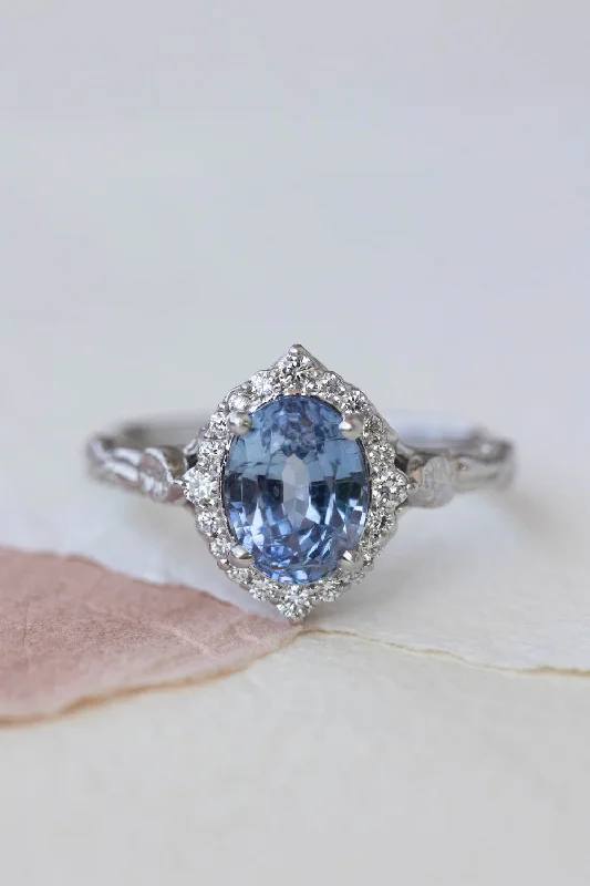 simple solitaire engagement rings for women-Blue sapphire engagement ring, white gold leaf ring with diamond halo / Florentina