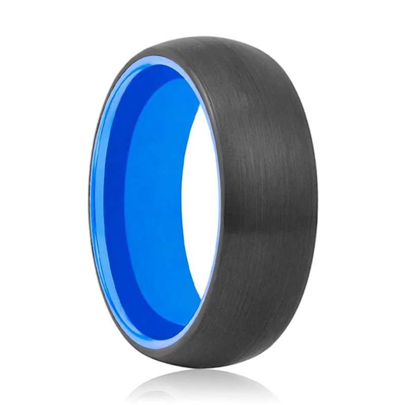 fashion rings for women-LOTUS | Blue Ring, Black Tungsten Ring, Brushed, Domed