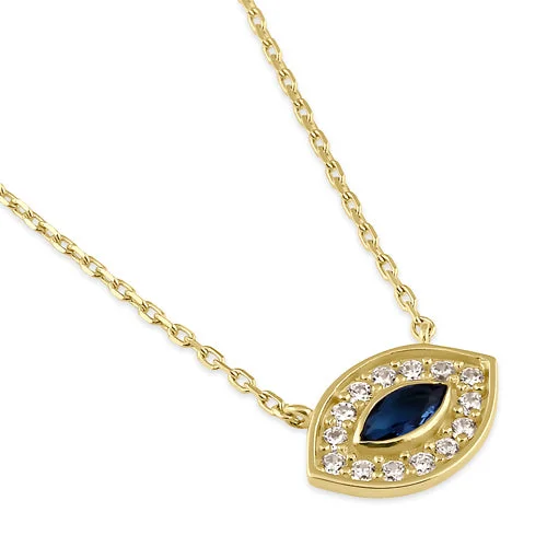 minimalist gold necklaces for women-Solid 14K Gold Evil Eye Blue Sapphire CZ Necklace