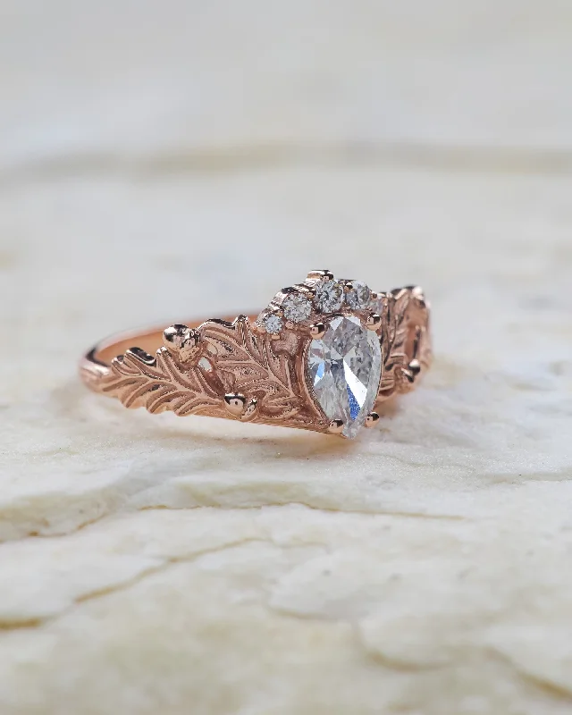 contemporary diamond engagement rings for women-Oak tree leaves engagement ring with lab grown diamond crown / Royal Oak