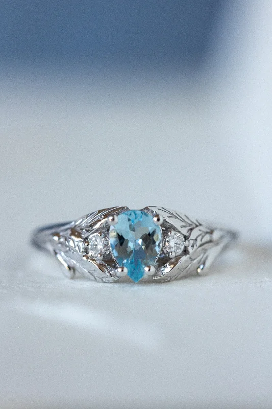 exclusive engagement rings for women-Natural aquamarine engagement ring with side diamonds / Wisteria