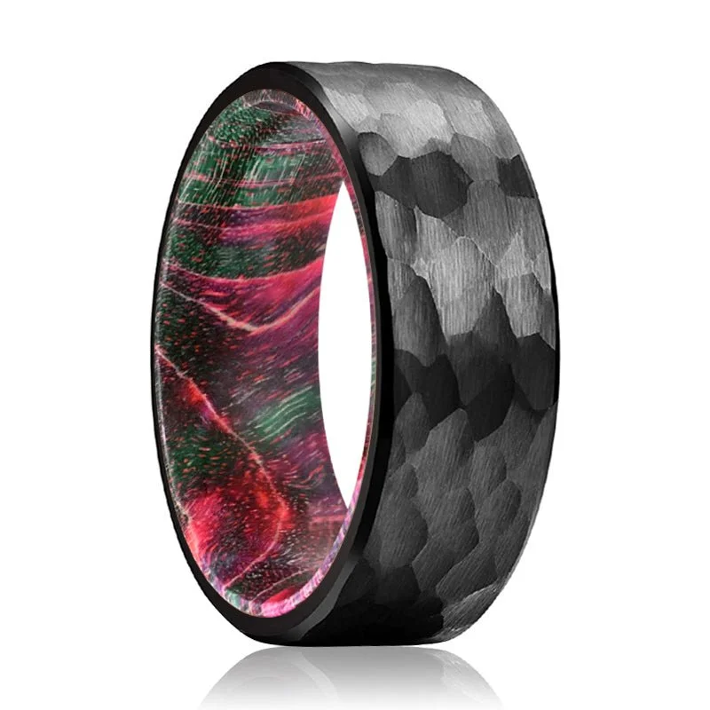 gold-plated rings for women-KRETZ | Green and Red Wood, Black Tungsten Ring, Hammered, Flat