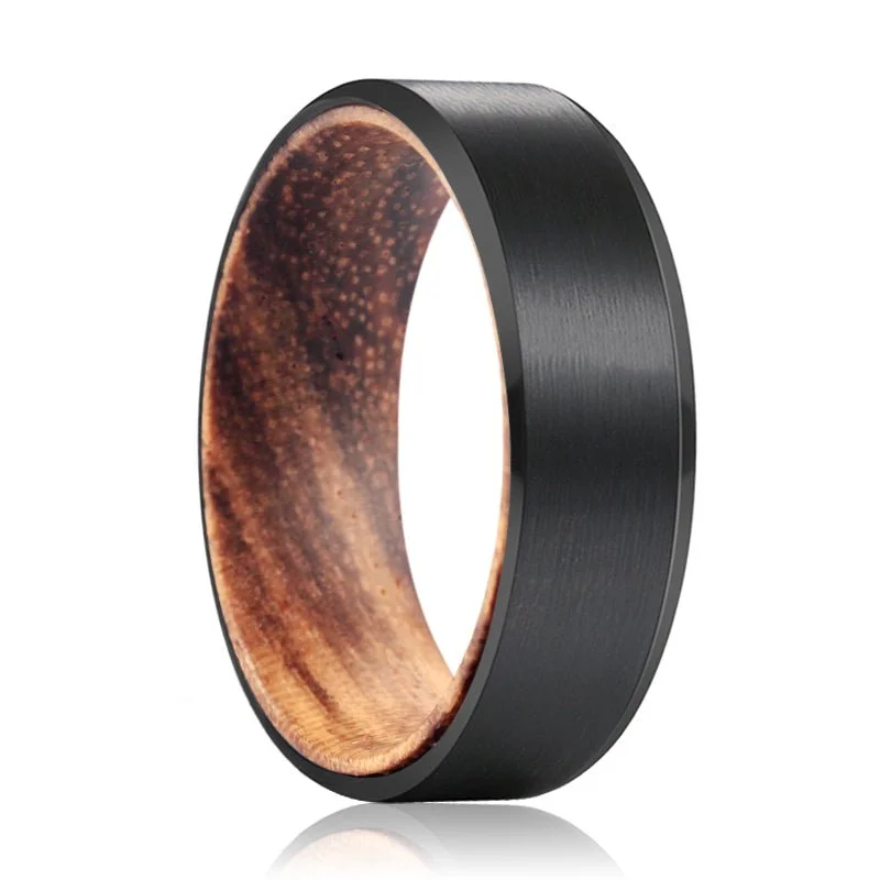 adjustable rings for women-GOBLIN | Zebra Wood, Black Tungsten Ring, Brushed, Beveled