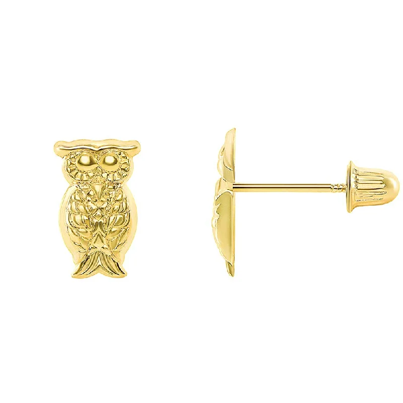 high-quality earrings for women-14k Yellow Gold Owl Animal Stud Earrings with Screw Back