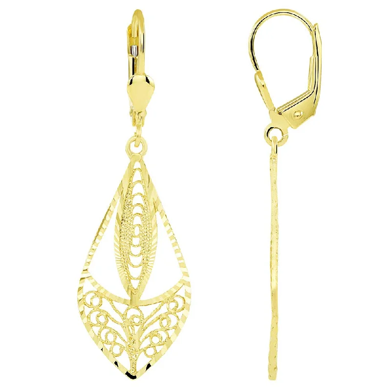 elegant gemstone earrings for women-14k Yellow Gold Textured Boho-Chic Filigree Dangle Earrings with Lever Back