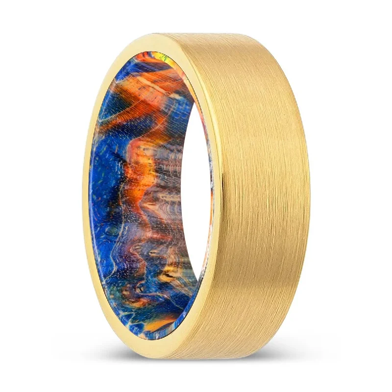 gold rings for women-SUTTON | Blue & Yellow/Orange Wood, Gold Tungsten Ring, Brushed, Flat