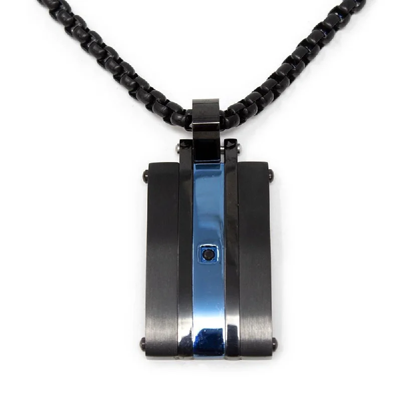 long pendant necklaces for women-Stainless Steel Necklace Matte Black Blue Ion Plated Black Cubic Zirconia Pendant on Chain