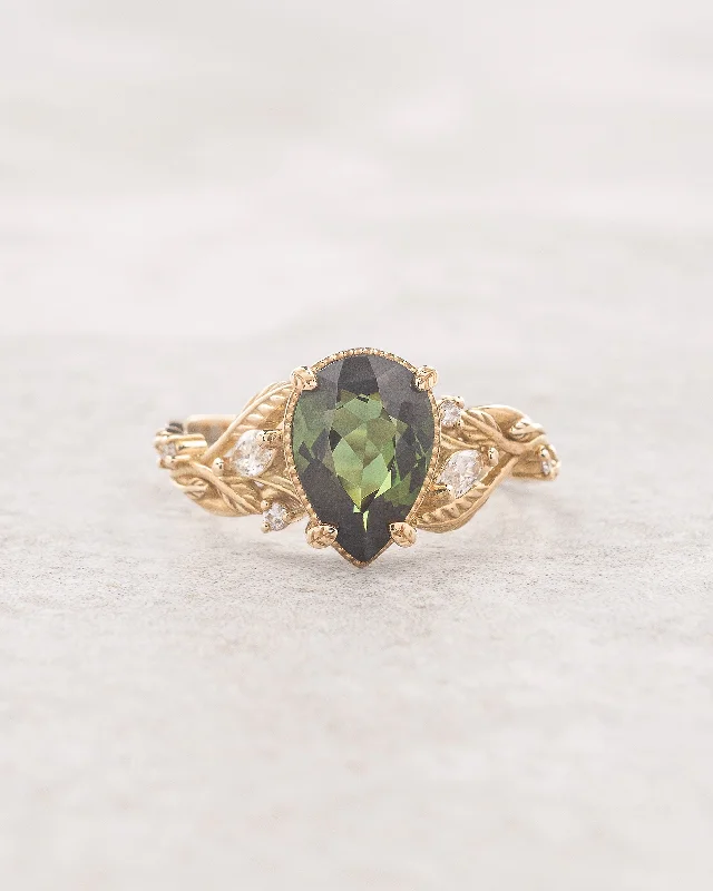 beautiful engagement rings for women-Big vivid green tourmaline engagement ring, nature inspired gold ring with accent diamonds / Patricia