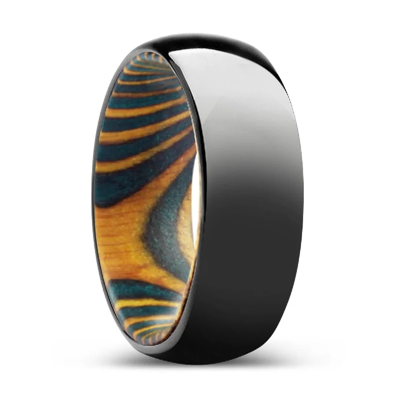 heart-shaped rings for women-WOODLORE | Green & Yellow Wood, Black Tungsten Ring, Shiny, Domed