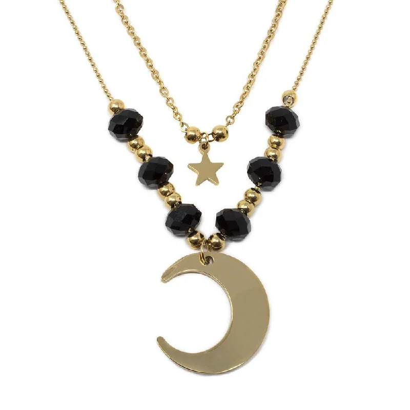 sterling silver chain necklaces for women-Stainless Steel Starburst Moon Double Necklace Gold Plated