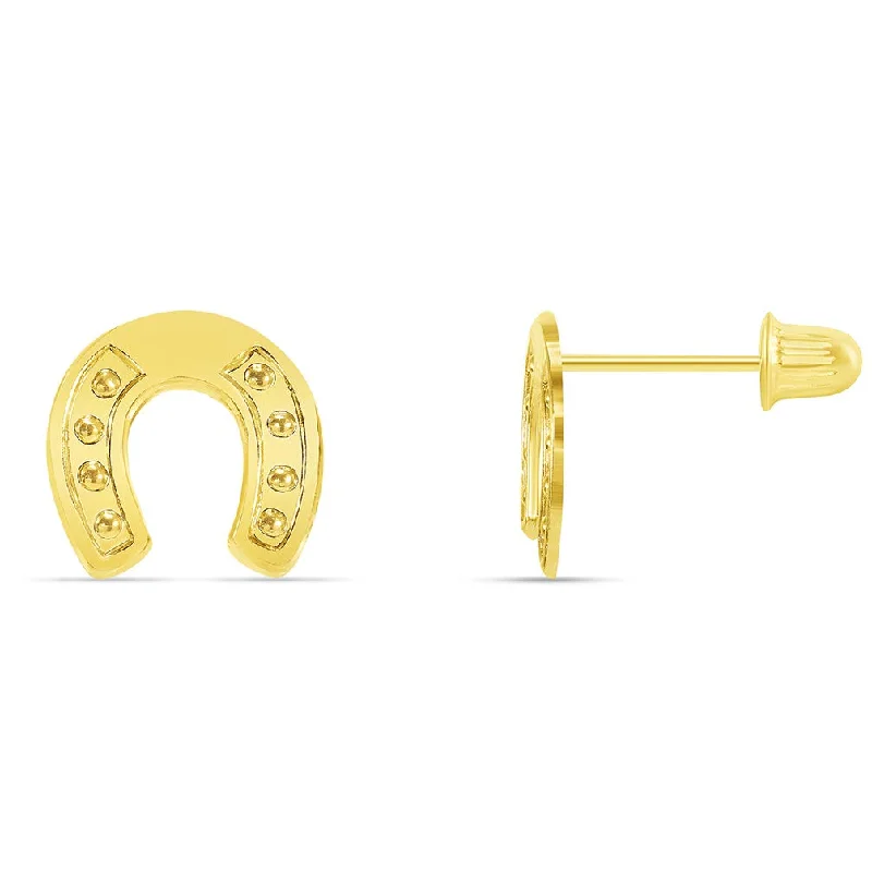 sparkling earrings for women-Solid 14k Yellow Gold Lucky Horseshoe Stud Good Luck Earrings with Screw Back