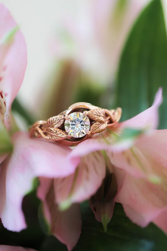 simple engagement rings with diamonds for women-Lab grown diamond leaf engagement ring, rose gold nature inspired ring / Azalea