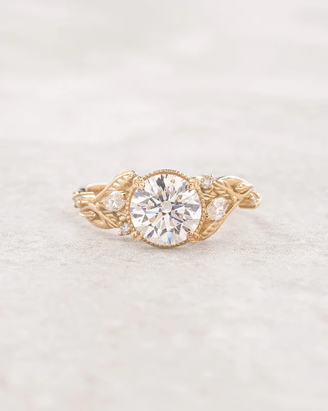 gold engagement rings for women-Lab grown diamond engagement ring, gold nature inspired ring with leaves and diamonds / Patricia