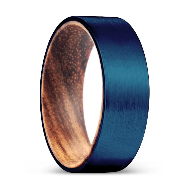 stackable diamond rings for women-RAPIDO | Zebra Wood, Blue Tungsten Ring, Brushed, Flat