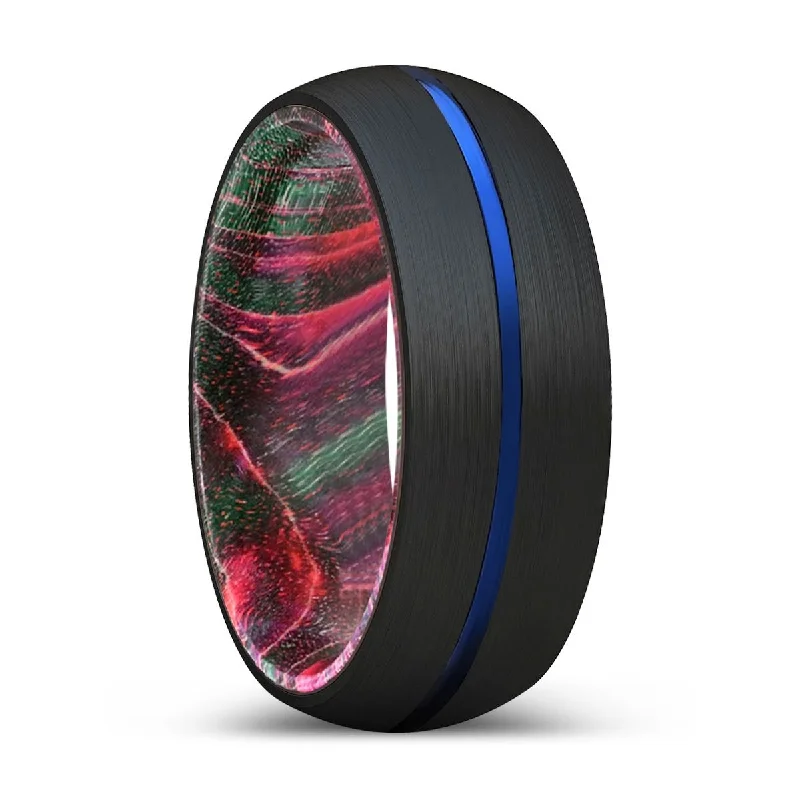 luxurious gemstone rings for women-WALLACE | Green & Red Wood, Black Tungsten Ring, Blue Groove, Domed