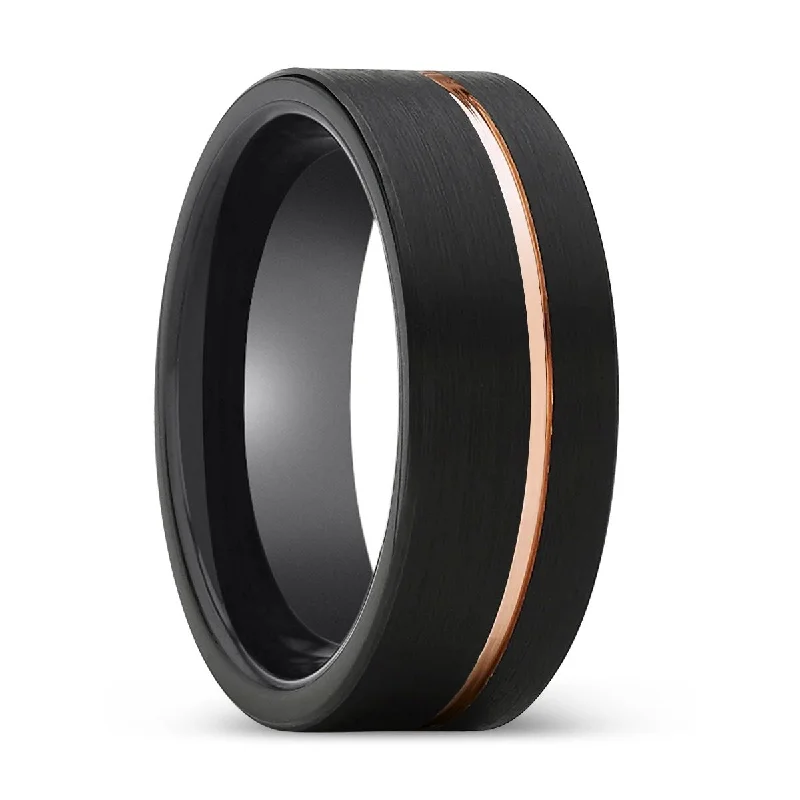 stackable silver rings for women-CHARGER | Black Ring, Black Tungsten Ring, Rose Gold Offset Groove, Brushed, Flat