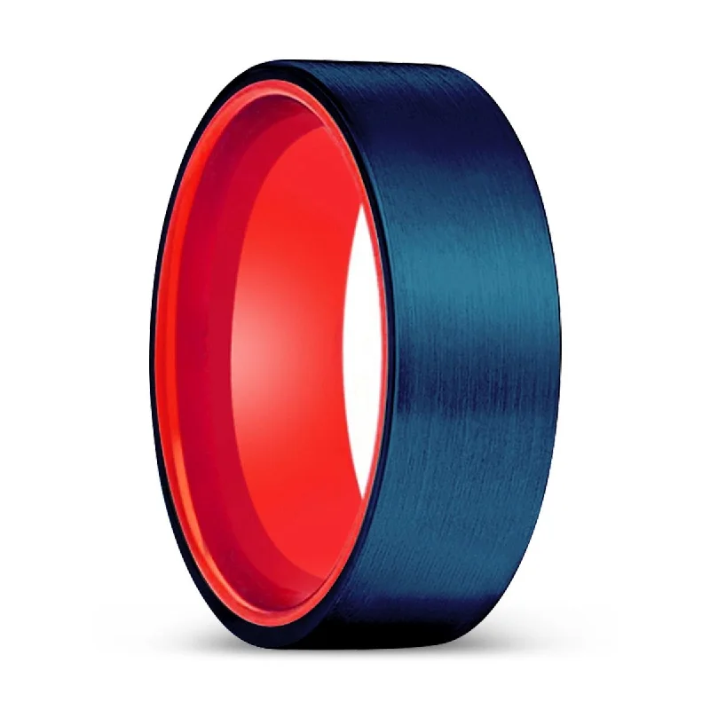 trendy rings for women-THEO | Red Ring, Blue Tungsten Ring, Brushed, Flat