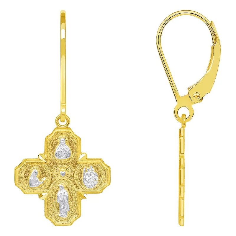 stud diamond earrings for women-Solid 14k Yellow Gold Four Way Cross Dangle Drop Earrings with Lever back