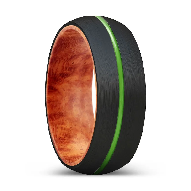 fine jewelry rings for women-DARBY | Red Burl Wood, Black Tungsten Ring, Green Groove, Domed