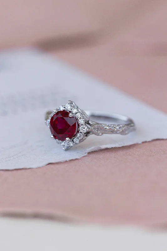 bridal engagement rings with diamonds-Halo engagement ring with 1.5 carat lab ruby, white gold leaf engagement ring  / Florentina