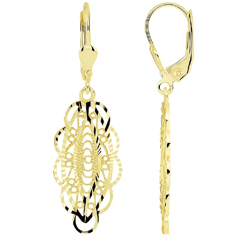 chic earrings for women-14k Yellow Gold Textured Oval Shaped Filigree Dangle Earrings with Lever Back