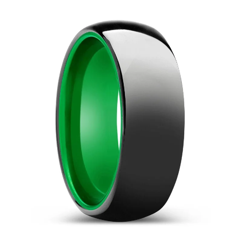 sterling silver rings for women-ATOMIC | Green Ring, Black Tungsten Ring, Shiny, Domed