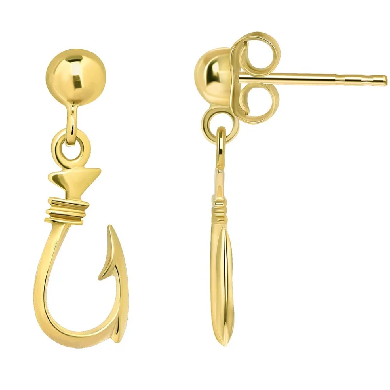 custom stud earrings for women-Solid 14k Yellow Gold Dangling 3D Fish Hook Dangle Earrings with Friction Back (Small)