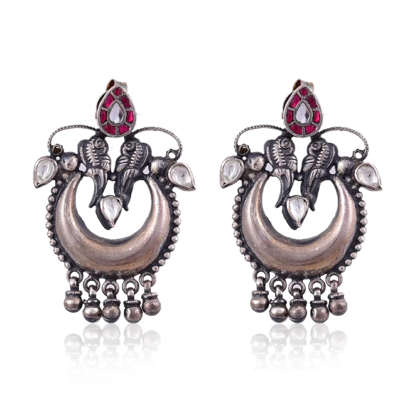 nature-inspired earrings for women-Silver Mountain Sterling Oxidised Silver  two peacock Kundan Earring