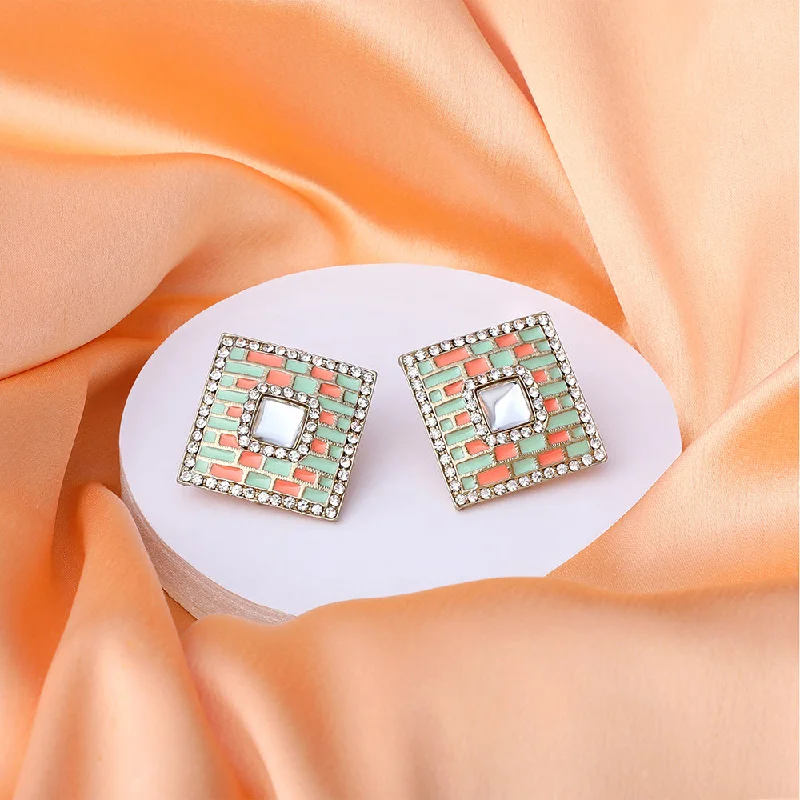 antique-style earrings for women-Mahi Squarish Dangler Earrings with Crystals and Light Green and Orange Meenakari Enamel for Women (ER11098146GLgre)