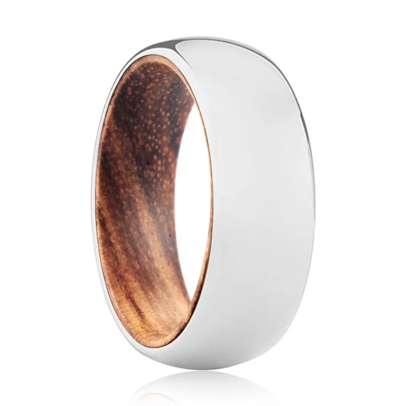 halo rings for women-LIBERTY | Zebra Wood, Silver Tungsten Ring, Shiny, Domed