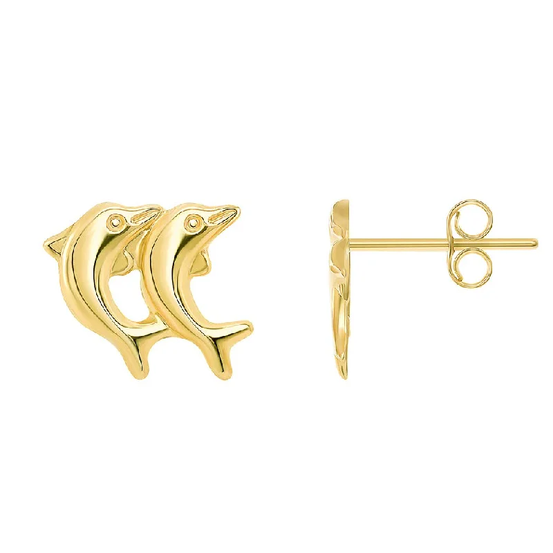 luxury earrings for women-14k Yellow Gold Two Mini Dolphins Jumping Together Studs Earrings with Friction Back