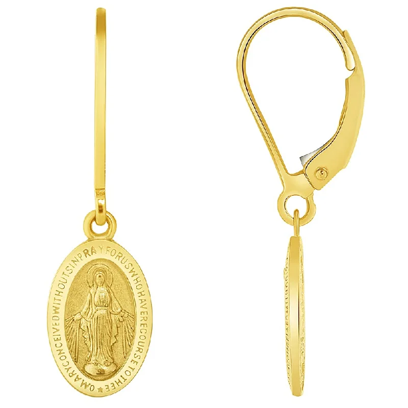 vintage diamond earrings for women-Solid 14k Yellow Gold Classic Miraculous Medallion of the Virgin Mary Dangle Drop Earrings with Leverback