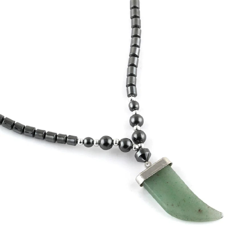 chunky necklaces for women-18" Green Aventurine Flat Tooth Stone Hematite Necklace