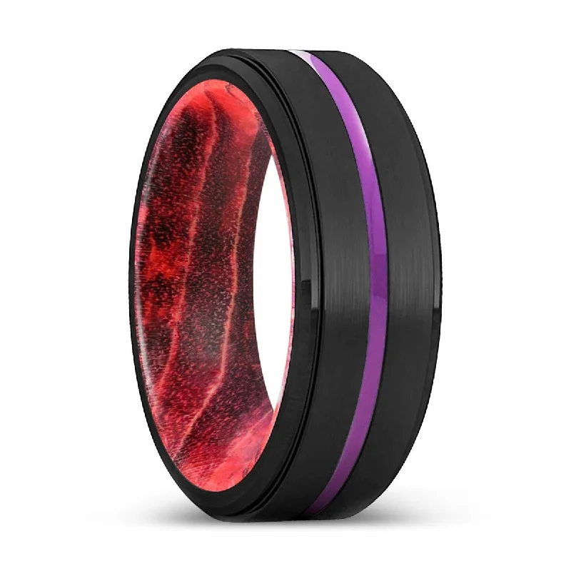 antique-inspired rings for women-LAUNCESTON | Black & Red Wood, Black Tungsten Ring, Purple Groove, Stepped Edge