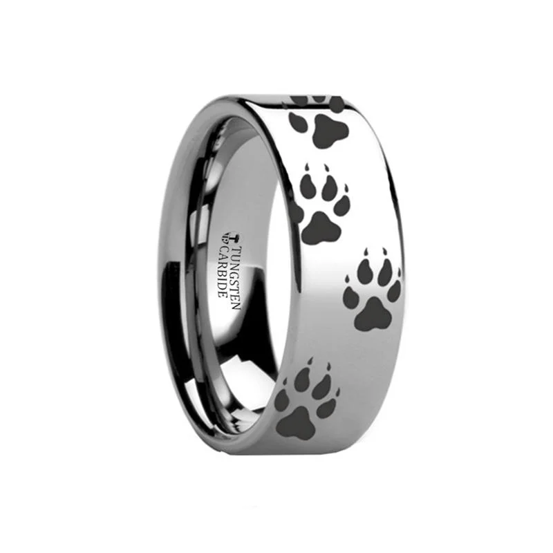 wedding bands for women-Laser Engraved Wolf Track Print Animal Design Flat Tungsten Couple Matching Ring - 4MM - 12MM