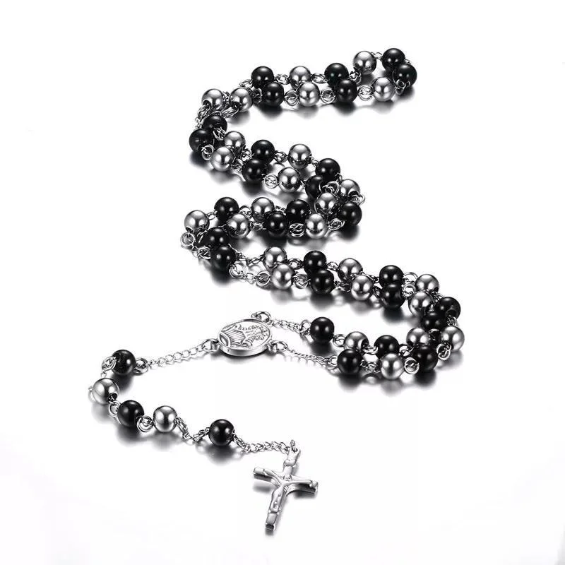 matching wedding necklaces for women-Stainless Steel 8MM Black IP Rosary Men's Necklace