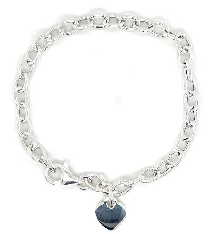 leather bracelets for women-Sterling Silver Round Belcher Link Bracelet With Small Heart Charm