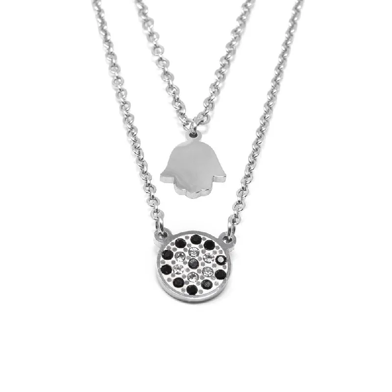 geometric necklaces for women-Stainless Steel Two Layer Black CZ Pave Disc Necklace