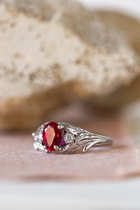 bridal engagement rings for women-Lab ruby engagement ring, nature inspired ring with accent diamonds / Wisteria