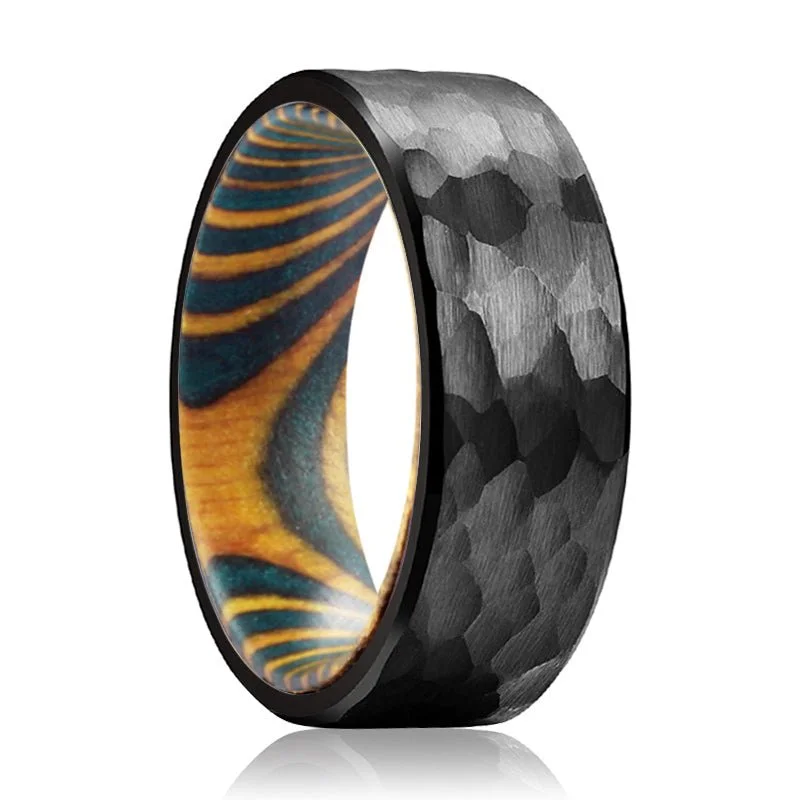 elegant diamond rings for women-CROSSCUT | Green and Yellow Wood, Black Tungsten Ring, Hammered, Flat