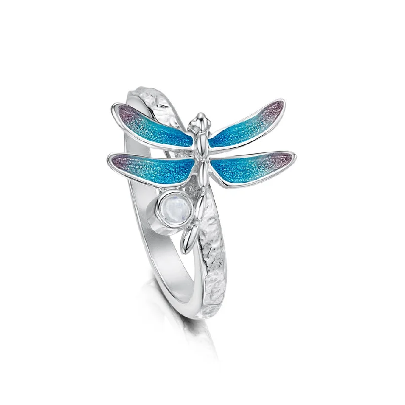 custom silver rings for women-Dragonfly Sterling Silver and Enamel Ring - ESR240