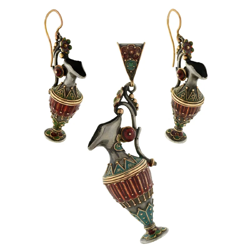 rose gold earrings for women-Victorian Sterling Enameled Etruscan Urn Earring + Pendant Set